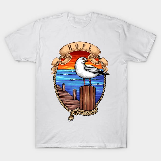 Hope: Nautical Rope and Dock with Seagull Design T-Shirt by Jarecrow 